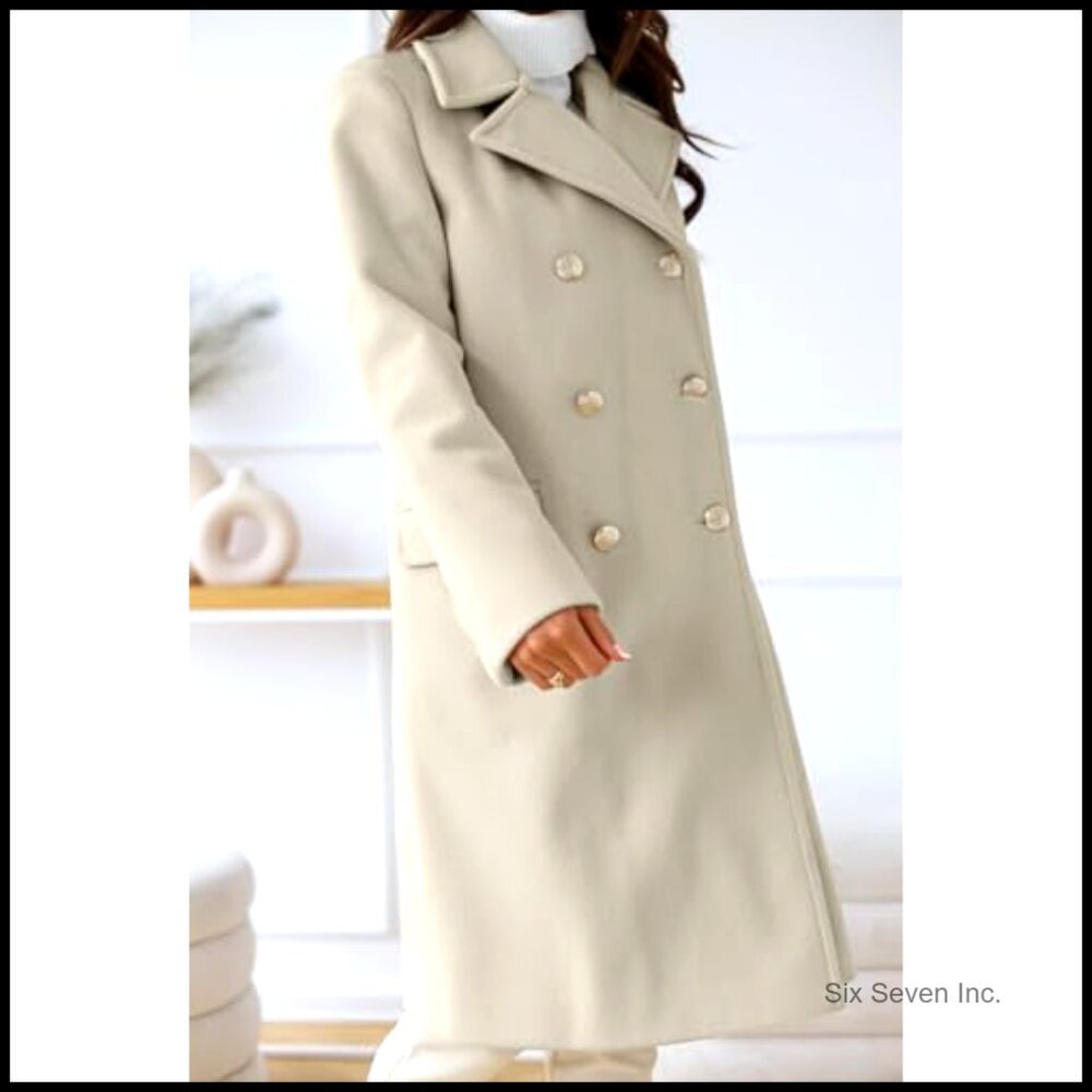 Women's Winter Wool Pea Coat Double Breasted Long Office Overcoat - Picture 3 of 5